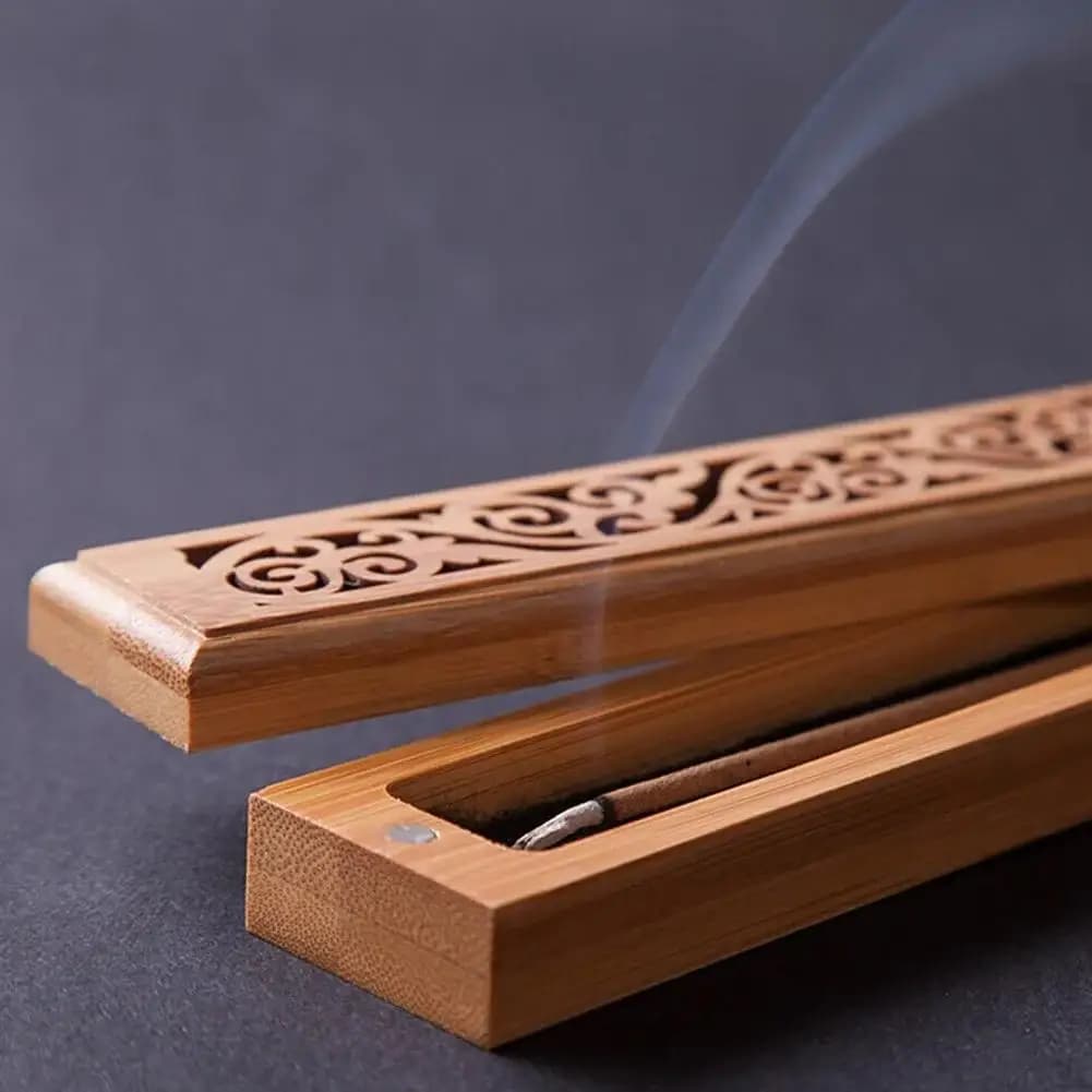Bruciatore di incenso in bambù naturale con piatto porta incenso, scatola in legno per aromaterapia, contenitore per incenso, scatola per incenso con linee intagliate.