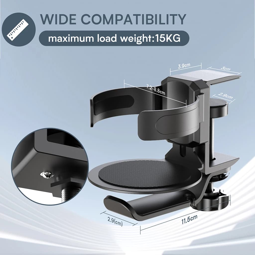 Adjustable Desk Clamp Cup Holder Headphone Stand 360Degree Rotation Aluminum Alloy Under Desk Drink Rack For Gaming Office Table