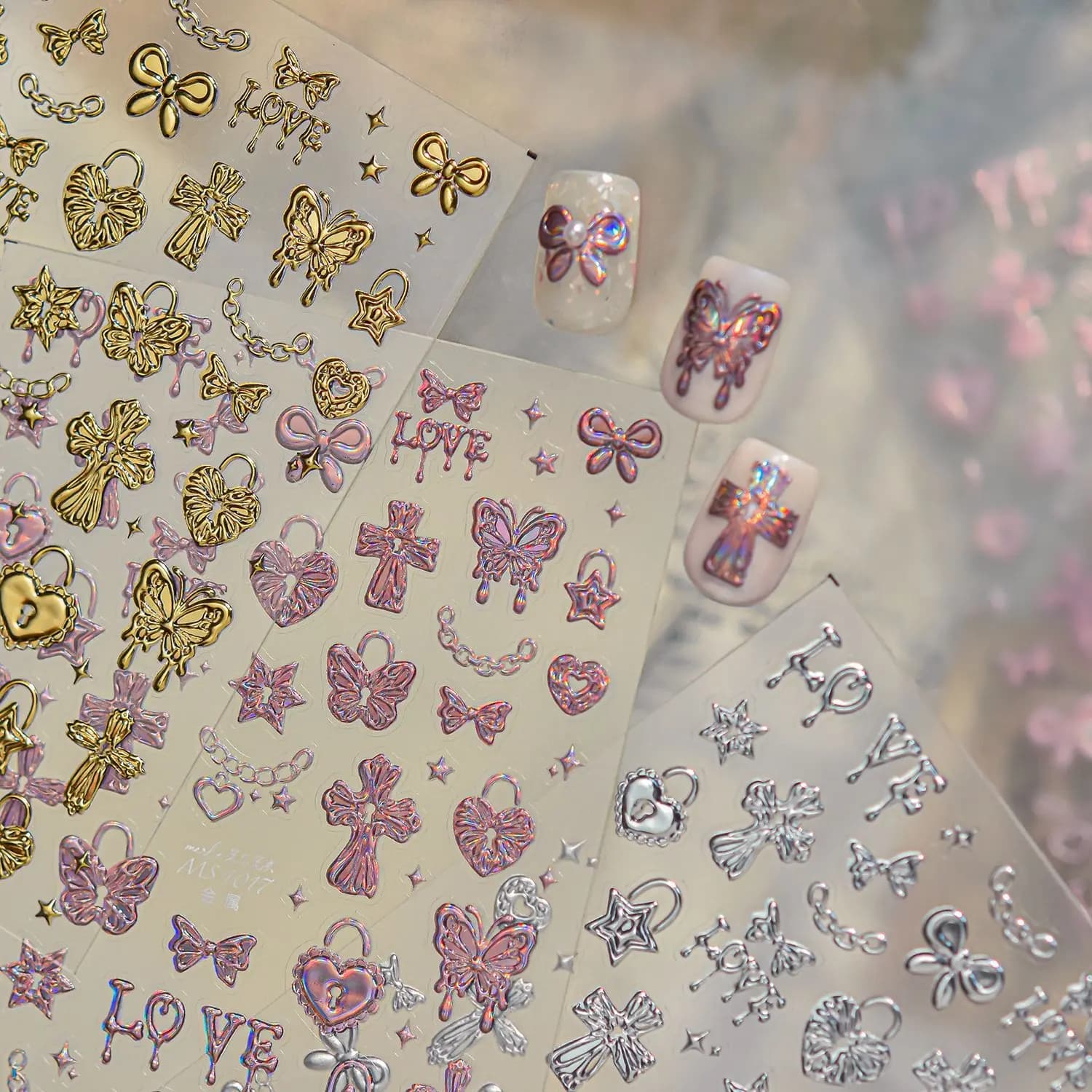 5D Laser Hot Gold Nail Stickers Cross Heart Lock Butterfly Bow Stars Chain Star Holographic Decals Punk Self Adhesive Manicure