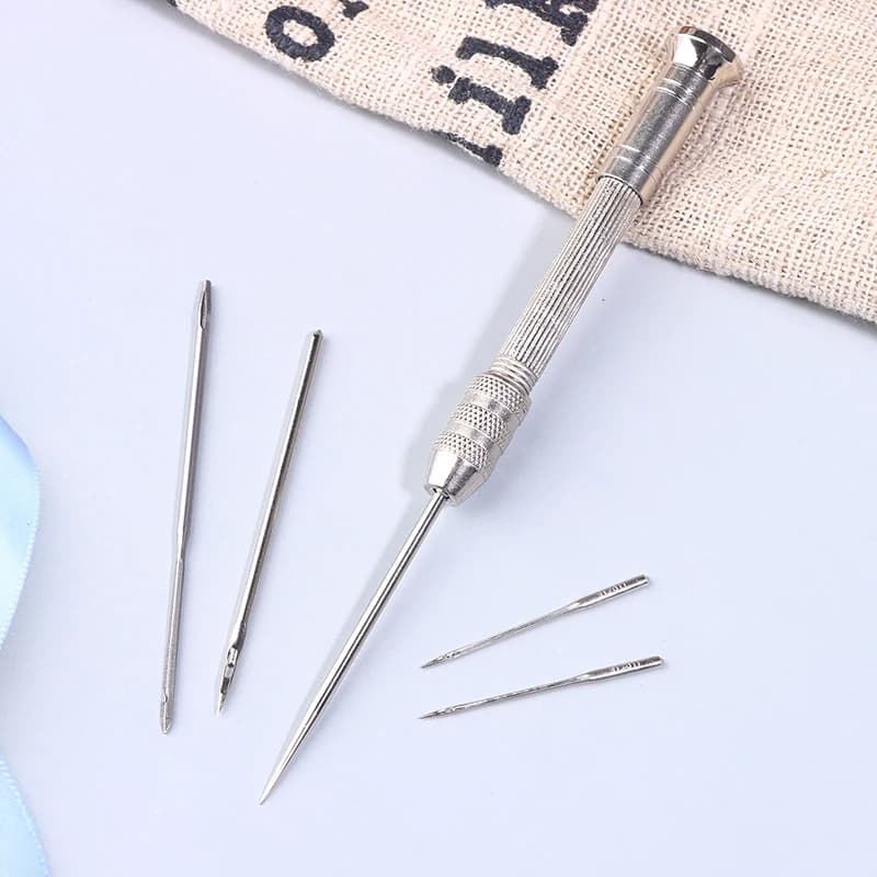 Set di 1 punzone per cucire in lega di zinco con manico in pelle, kit di riparazione con aghi sostituibili e manico per cucire scarpe