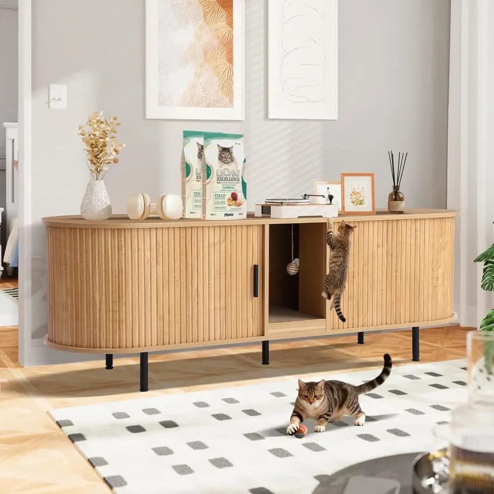 Double Litter Box Enclosure for Two Cats with Scratch Pad, Ball, and Wooden Indoor Living Room Style (Natural)