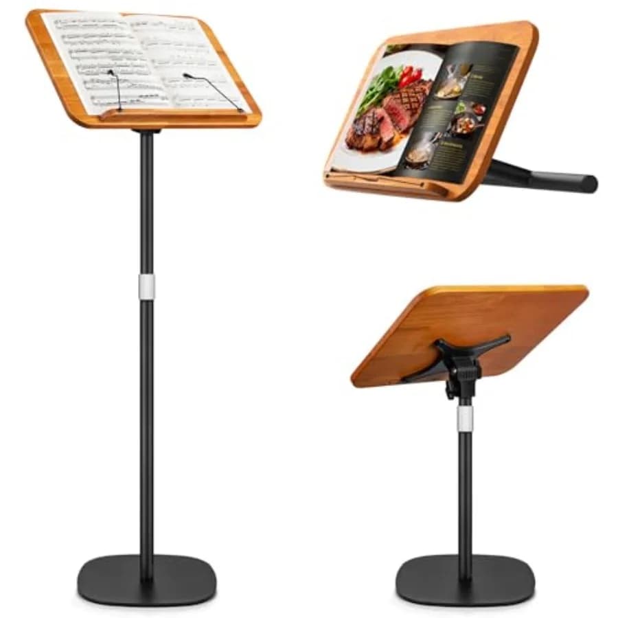 Supporto per Musiche e Libri 2 in 1, Regolabile in Altezza da 16,5'' a 51'', Supporto da Pavimento per Laptop in Legno Massiccio 100%