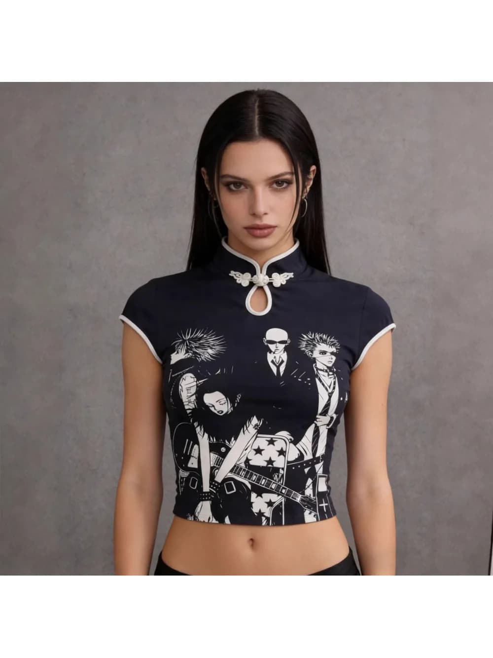 Nuova T-shirt estiva 2026 senza maniche con stampa band, stile qipao cinese, scollo a V, top slim fit per ragazza, tendenza punk Y2K