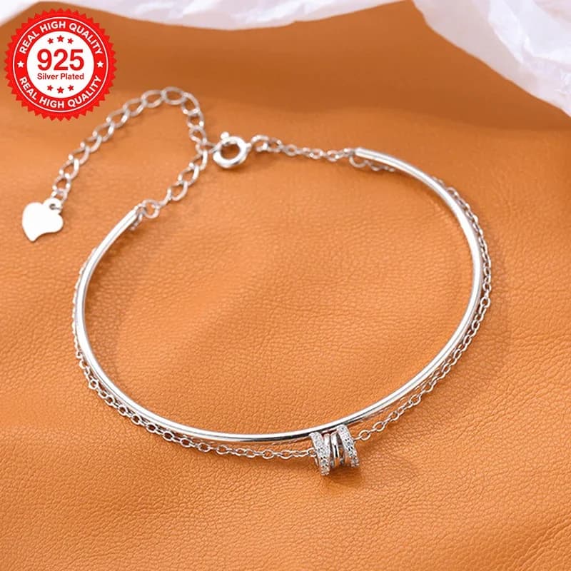 Bracciale con ciondolo a doppio strato placcato in argento per donna, elegante polsino alla moda con perline di zirconi, gioielli a catena regolabile