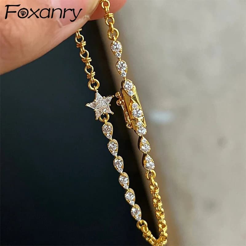 Foxanry Bracciale geometrico con stella scintillante zircone per donna Ragazza Moda Industria pesante Regalo di gioielli di fidanzamento squisito ed elegante