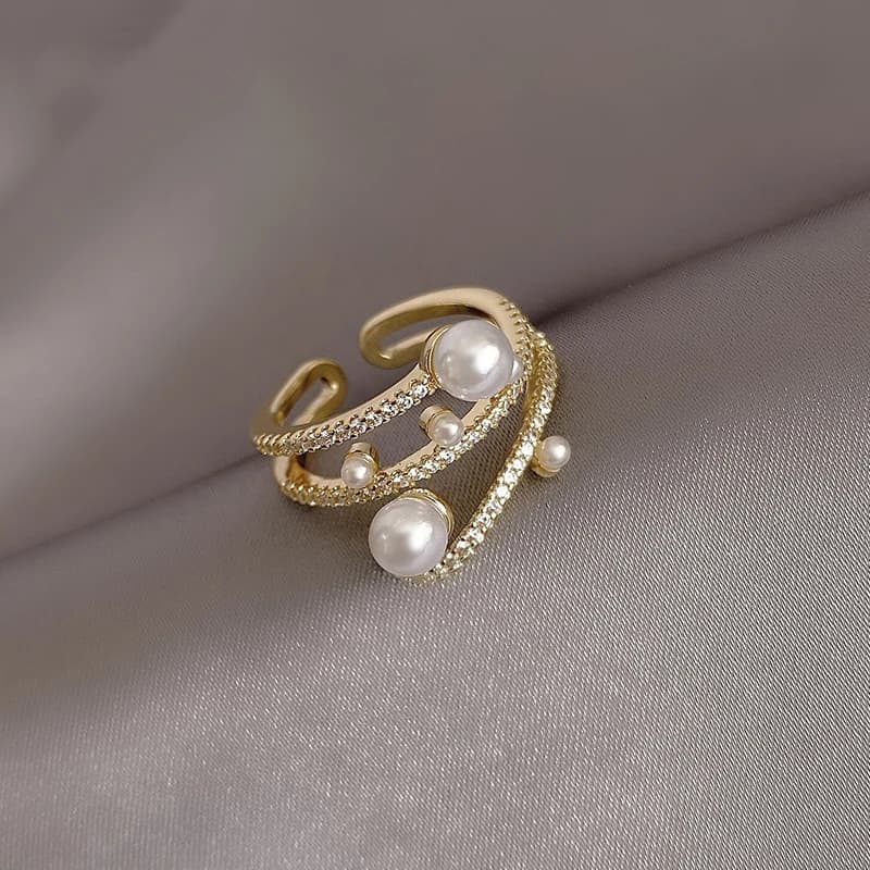 Anello regolabile in oro con perle a tre strati, lussuoso e raffinato, gioiello da donna, accessorio unico di moda coreana per ragazze