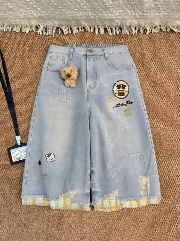 Retro Embroidered Bear Plaid Patchwork Seven-Foot Women's Summer Loose Thin Wide Leg Straight Washed Mid-Pants Denim Jeans