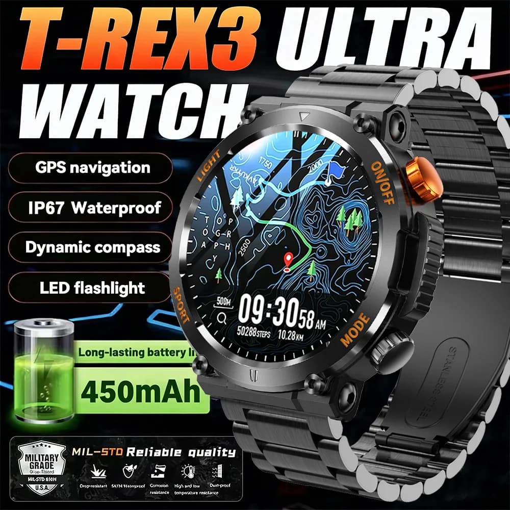 Men's smart military watch with compass, LED light, 450 mAh big battery, 360*360 HD screen, fitness tracker, called BT, smartwatch for Android and iOS