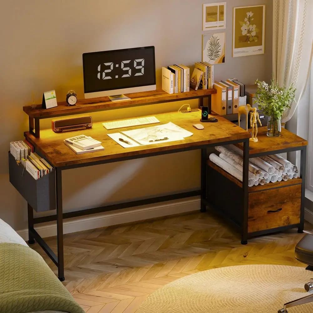 Scrivania per Computer 56.5 con Cassetti Portadocumenti e Armadietto, Scrivania da Studio e Gaming con Prese di Corrente, Scrivania per Ufficio Domestico con Ripiani e Supporto Monitor