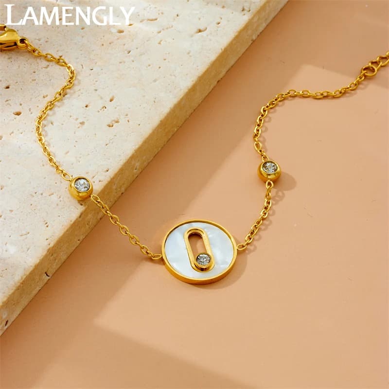 LAMENGLY Cerchio in acciaio inossidabile 316L Conchiglia bianca Intarsio Creativo Mobile Bead Zircone Bracciale Donna Nuova tendenza Catena da polso Regali