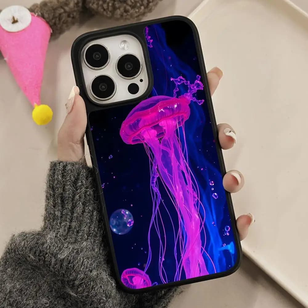 Colored Jellyfish Neon Phone Case for iPhone 18 17 16 15 14 13 12 11 Air Pro Max Plus Matte Surface Cover