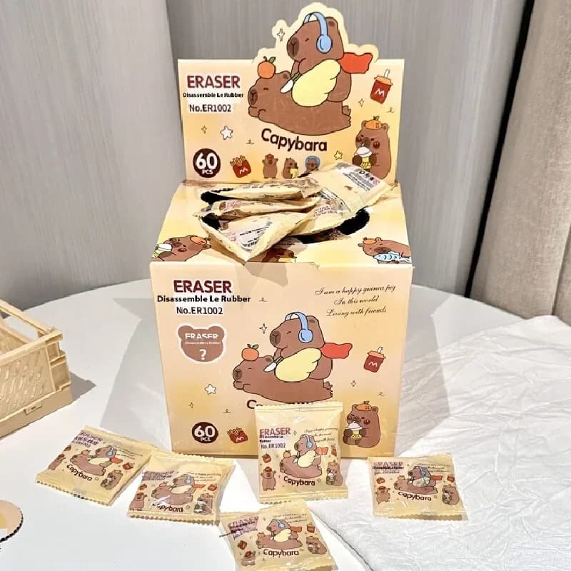 Set da 60 Gomme da Cancellare a Forma di Capibara, Scatola Sorpresa Creativa con Animali Cartoon, Articoli di Cancelleria Scolastica, Regalo a Sorpresa