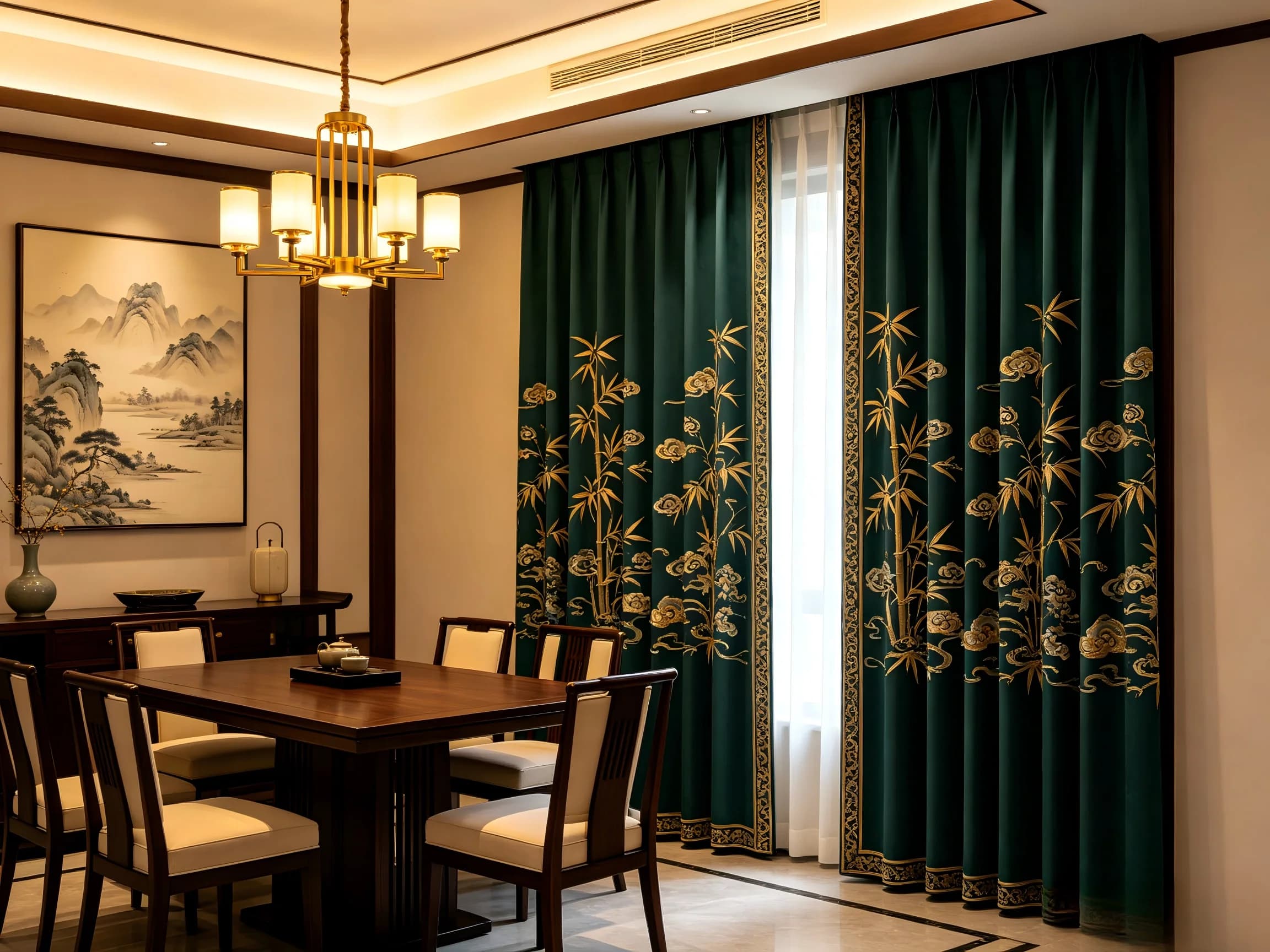 200128 Black green gold Oriental pattern jacquard curtain