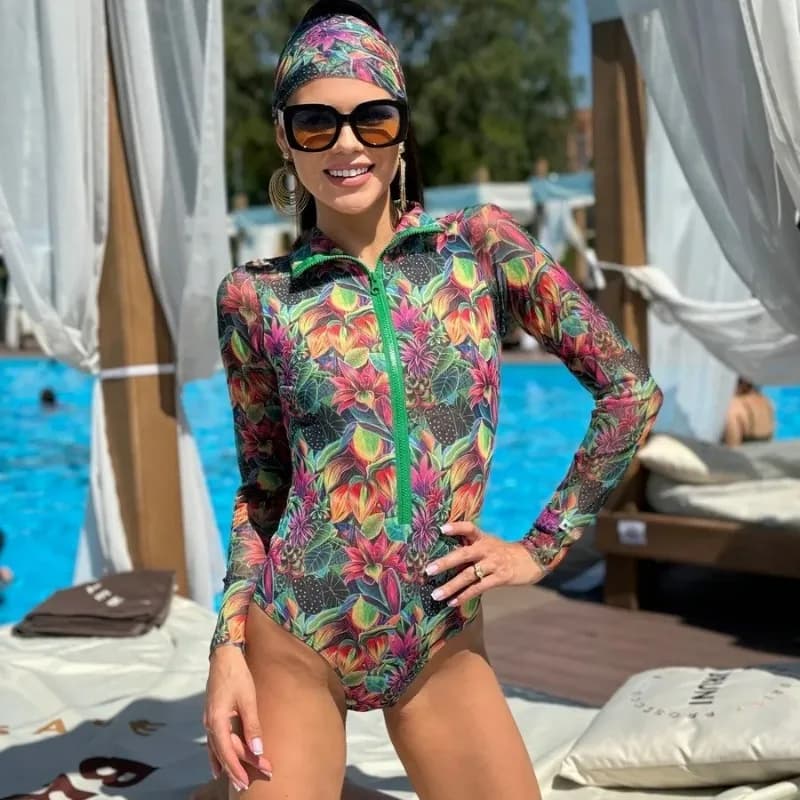 Costume da bagno intero da donna 2026 Nuovo Arrivo, Bikini con protezione solare a maniche lunghe e fascia per capelli