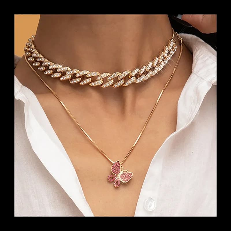 Collana vintage con clavicola in oro rosa con farfalla, semplice collana a catena con osso di serpente con fibbia cubana