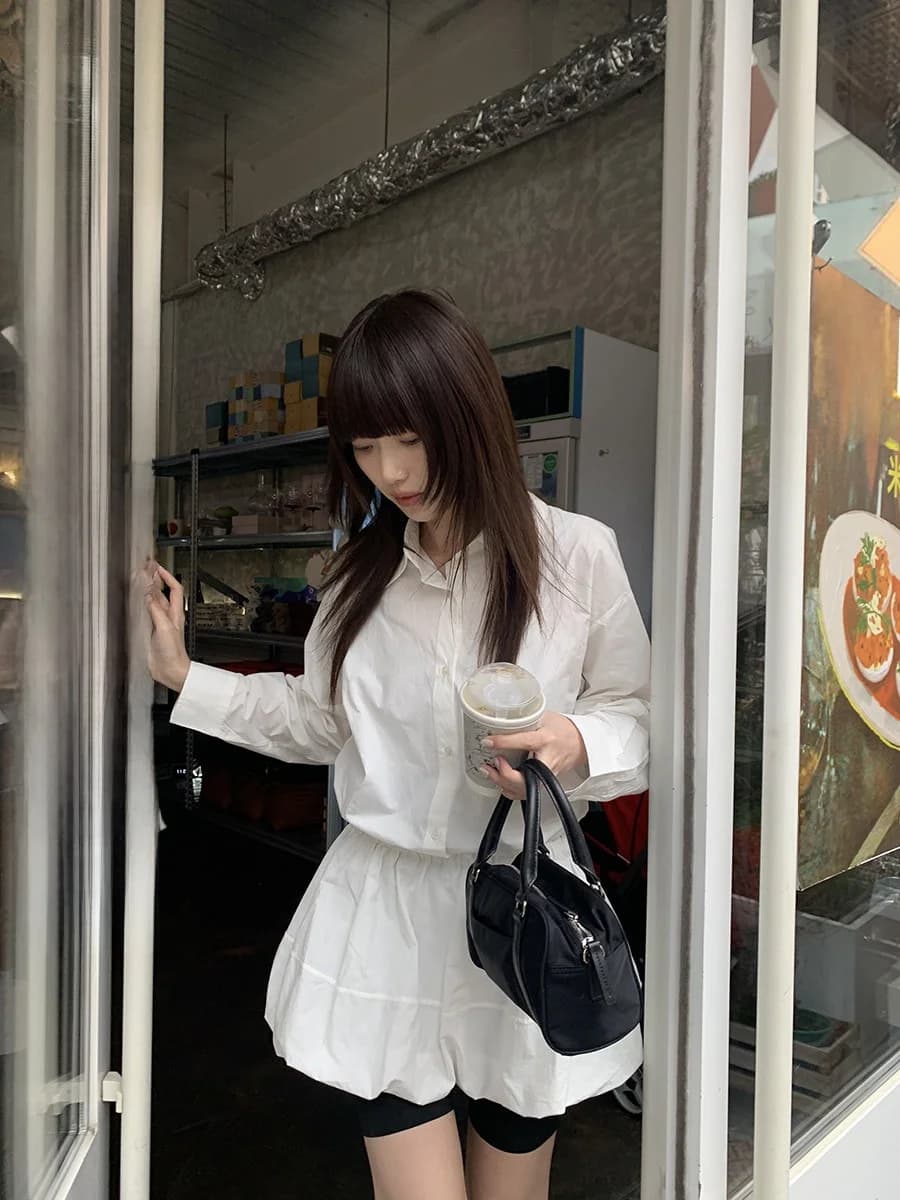 Sinbounboun Casual Cotton Shirt Dress A-Line Waist Cinched Long Sleeve Collar Short Skirt Women's Fashion City Commute