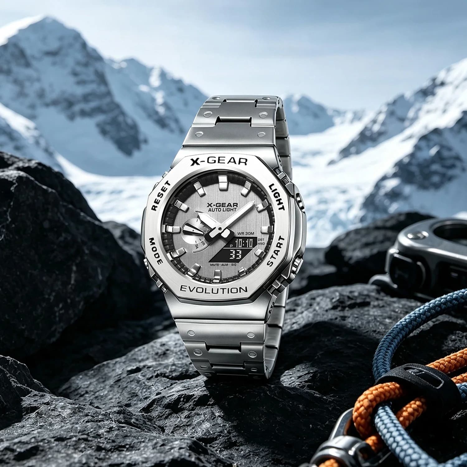 X-GEAR Dual Display Digital Sports Watch Steel Strap Alloy Case LED 50M Waterproof Stopwatch Alarm Calendar for Men Women