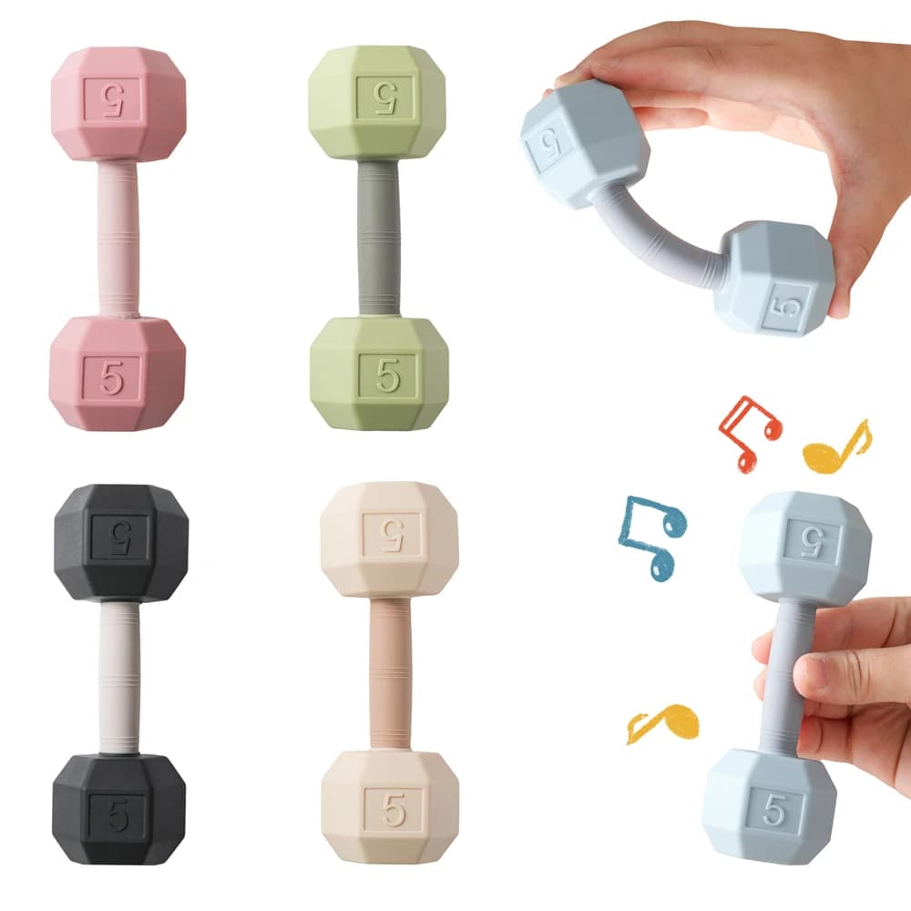 Giocattolo massaggiagengive in silicone a forma di manubrio per neonati – Sonaglio sensoriale con funzione scuoti-e-sonora, morbido e resistente, facile da pulire, regalo per la cognizione di forme e colori