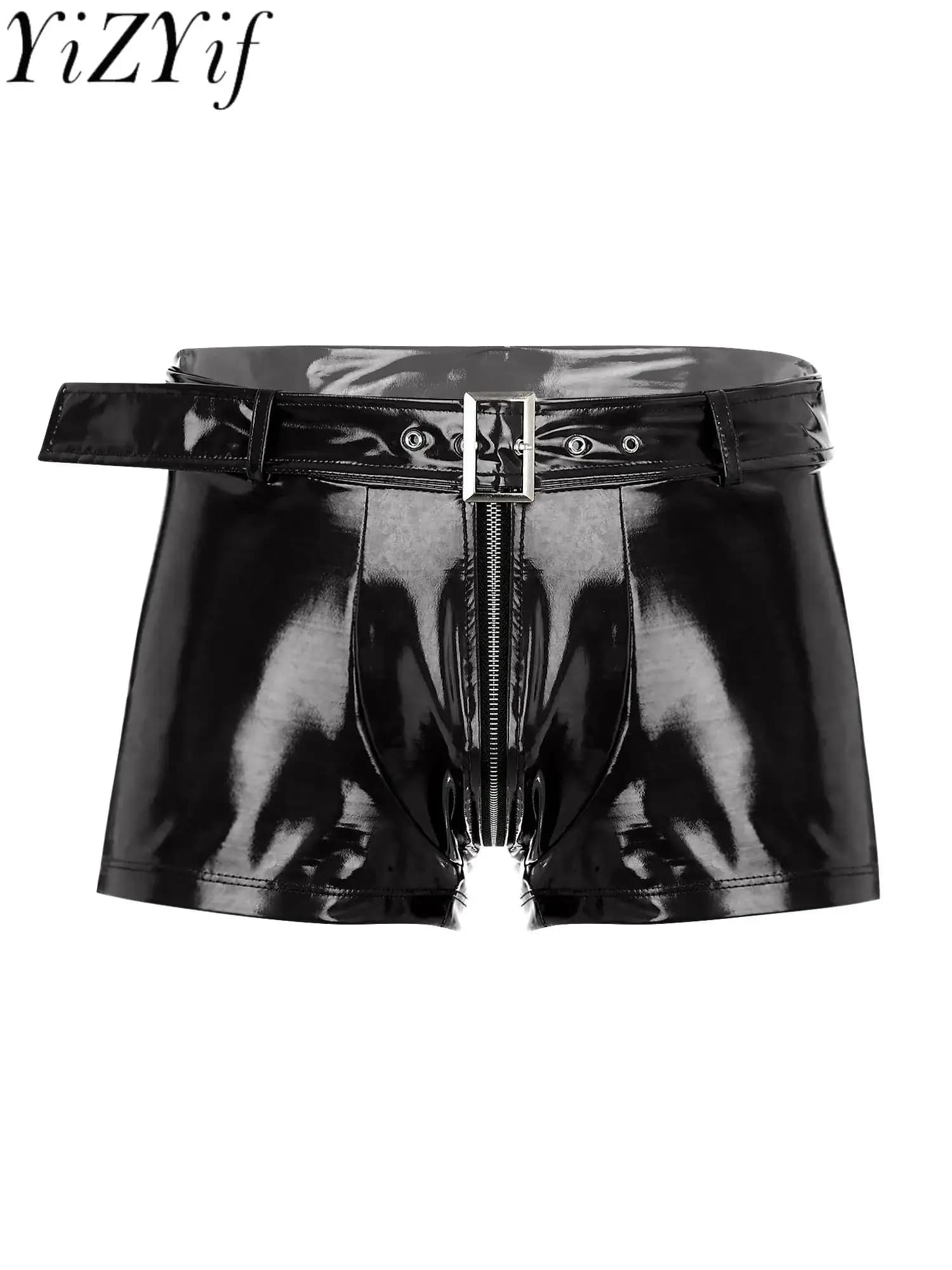 Pantaloncini da uomo in pelle verniciata effetto bagnato con cintura Boxer in lattice pantaloni caldi Sexy Bulge Pouch Hipster Trunks pantaloncini da moto