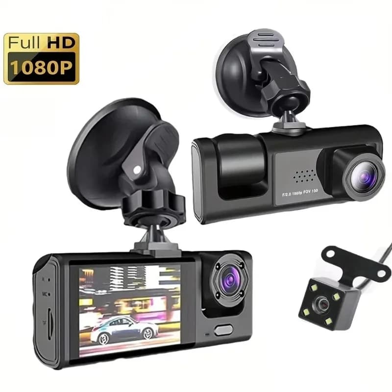 HONG TONG Dash Cam per Auto a 3 Canali 1080P HD con Visione Notturna, Monitoraggio Parcheggio, G-Sensor, Registrazione in Loop e Rilevamento Movimento