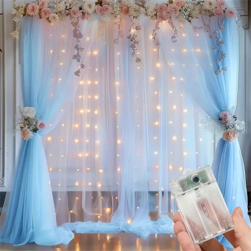Luci a tenda a LED a batteria con 8 modalità, ghirlanda luminosa per matrimoni, feste, casa, vacanze, Ramadan, decorazione per la stanza