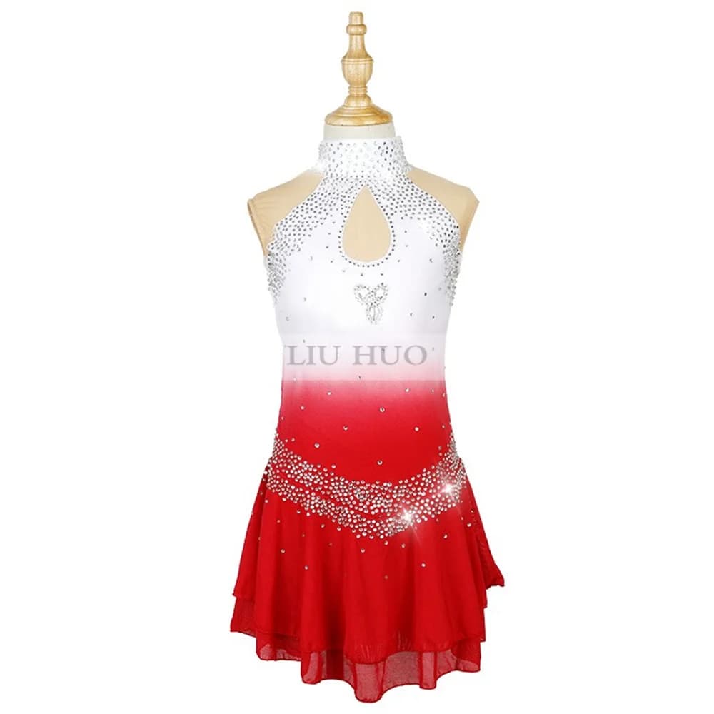 LIUHUO Abito da Pattinaggio di Figura Ragazza da Donna Adolescenti Balletto sul Ghiaccio Prestazioni Senza Maniche Bianco Rosso Colletto in Piedi Costume Roller Dance