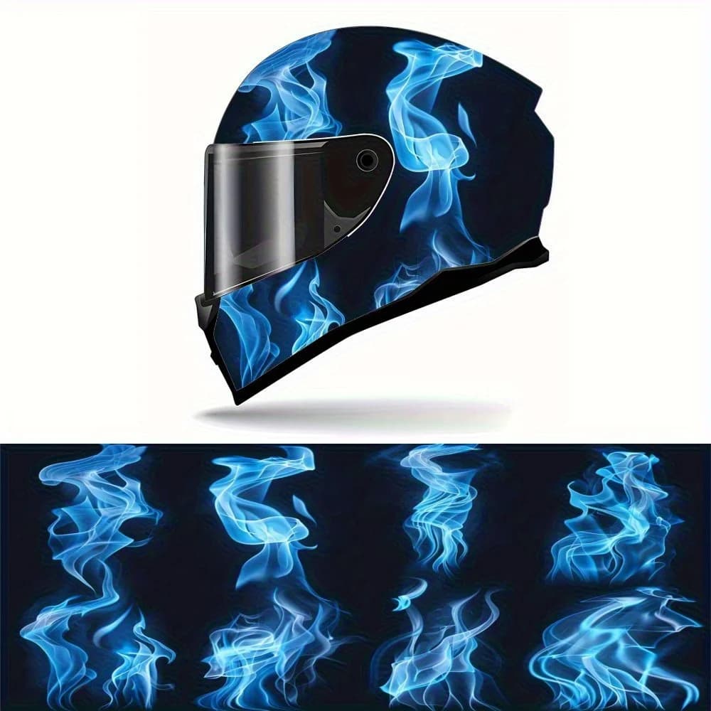 Adesivo avvolgente in vinile per casco integrale Blue Flame - Decalcomania grafica artistica in PVC resistente, impermeabile e antigraffio, moto He