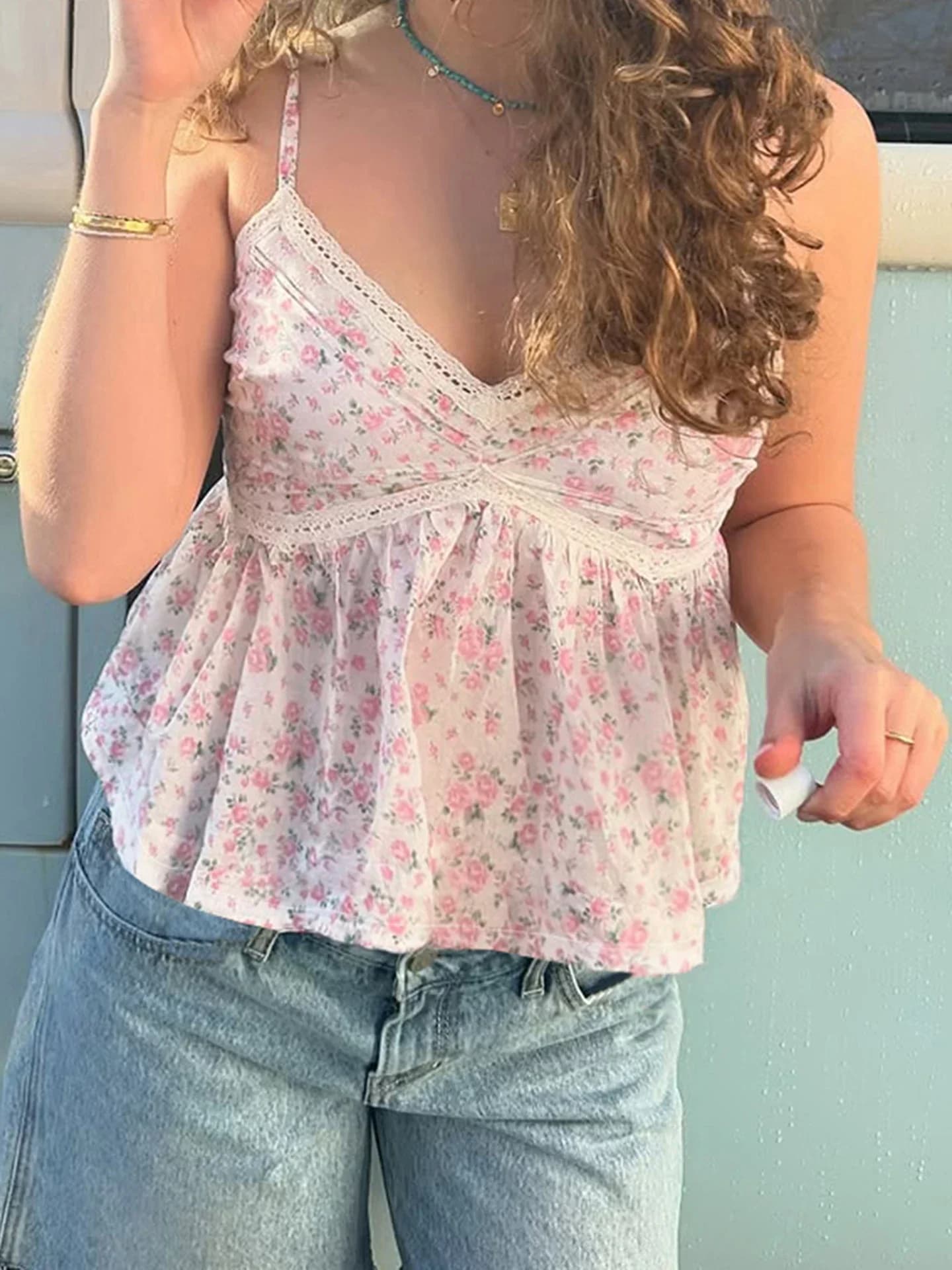 FDEY Moda stile vacanza stampe floreali donna canotta top pizzo impiombato scollo a V dolce causale chic camicette senza schienale