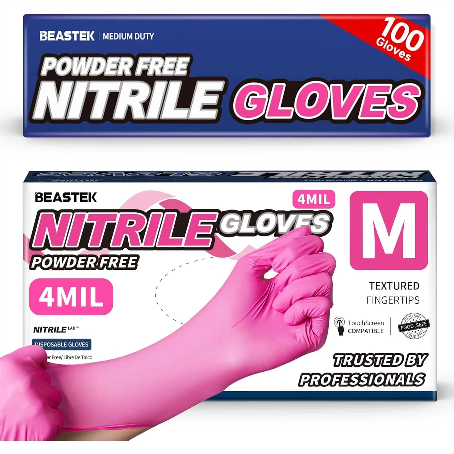 Guanti Monouso in Nitrile, 4 Mil, Senza Polvere, Senza Lattice, Adatti per Alimenti, per Cucina, Uso Medico ed Estetico, Rosa Caldo