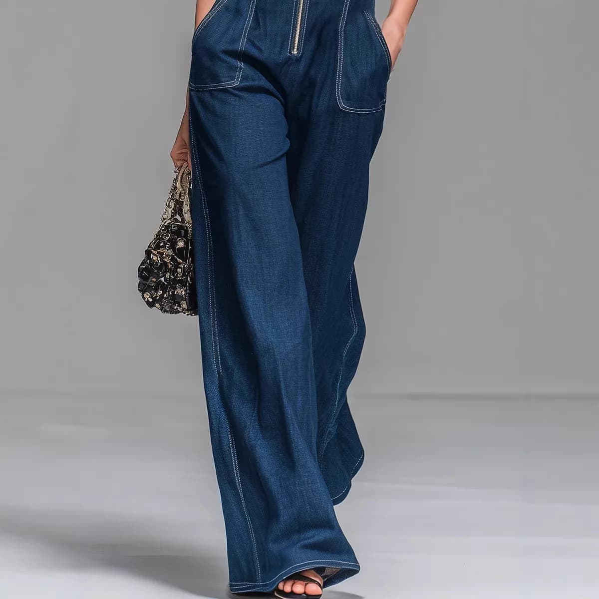Tuta Vintage in Denim Senza Maniche da Donna con Cerniera Frontale, Vita Alta, Gamba Larga, Stile Casual Streetwear, Colletto Risvoltato
