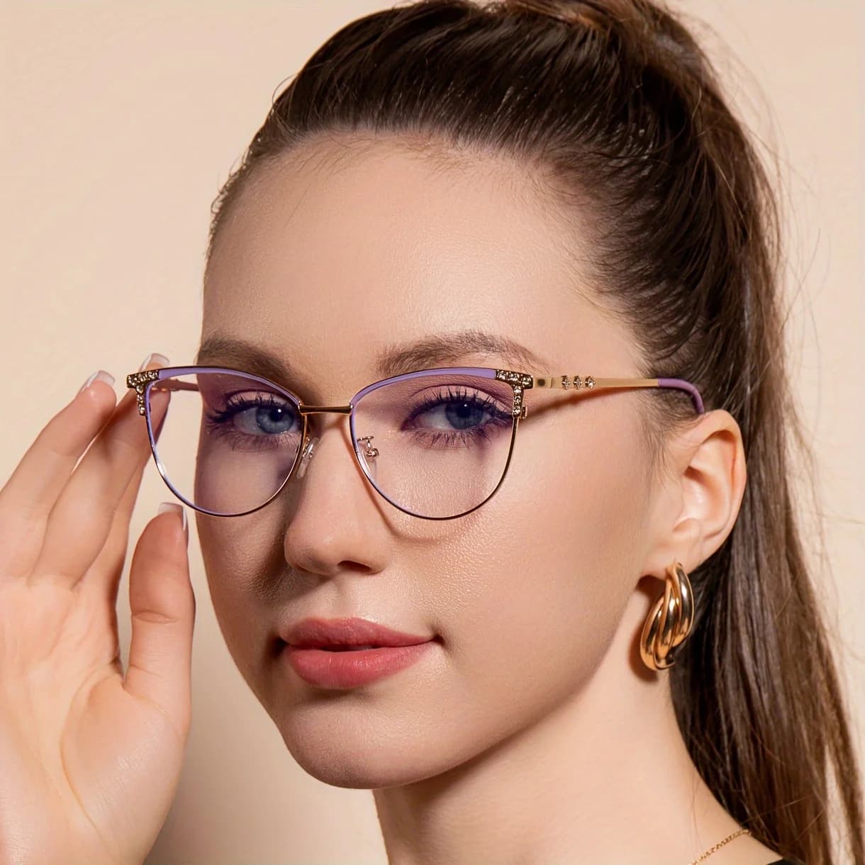 Occhiali da donna anti-luce blu che cambiano colore, in metallo con diamanti incastonati, lenti piatte