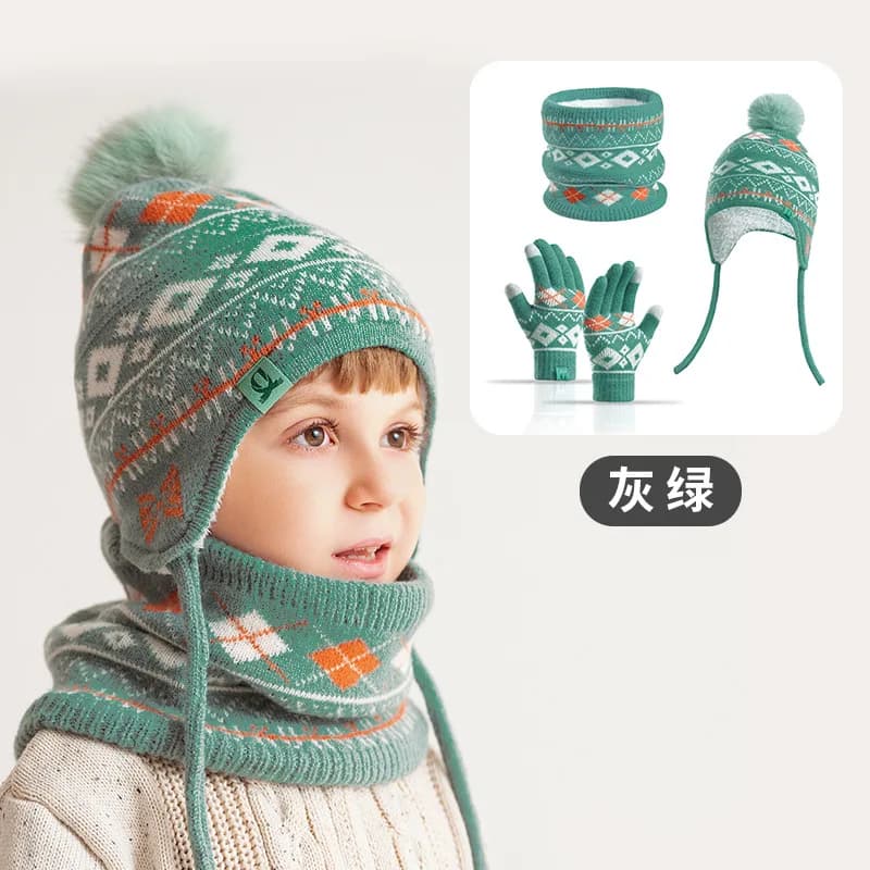 Kids Winter Knitted Beanie Hat Scarf Gloves 3-in-1 Set Thick Warm Fuzzy Lined Winter Hat Kit for Boys Girls Cold Weather