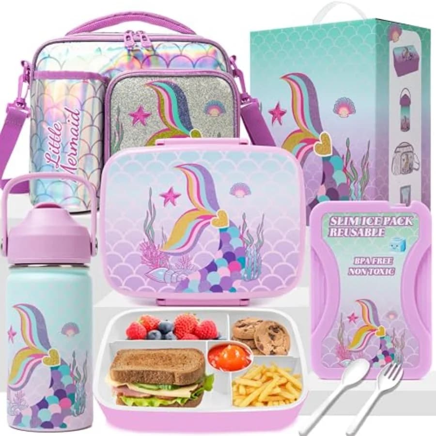 Scatola Bento a Forma di Sirena per Pranzo, Set per Bambine con 5 Scomparti, Bottiglia d'Acqua in Acciaio Inossidabile