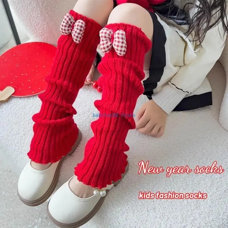 Y4UD Scaldamuscoli in maglia per inverno, festival Natale, ragazze, calzini morbidi con fiocco, coprigambe caldi,