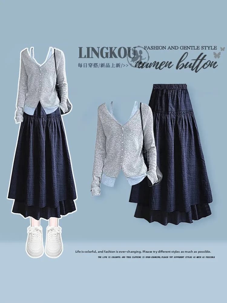 Korean Style Plaid Skirt And Knitted Top Set Women's Autumn Fashion Ensemble High Waist Long Sleeve V-Neck Button Detail