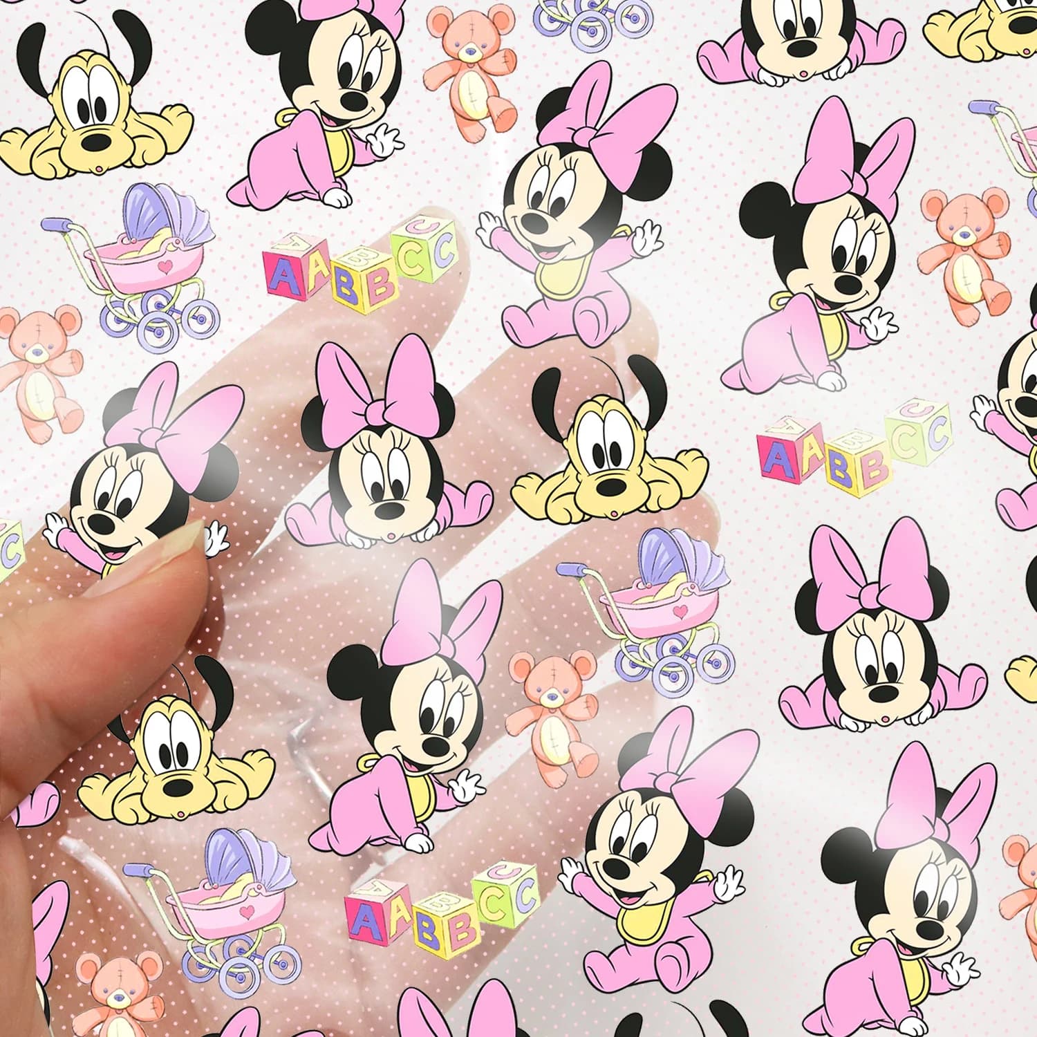 Foglio di ecopelle trasparente stampato ai raggi UV Baby Mickey Disegni in PVC per artigianato fai-da-te Archi Orecchini Borse Artigianato