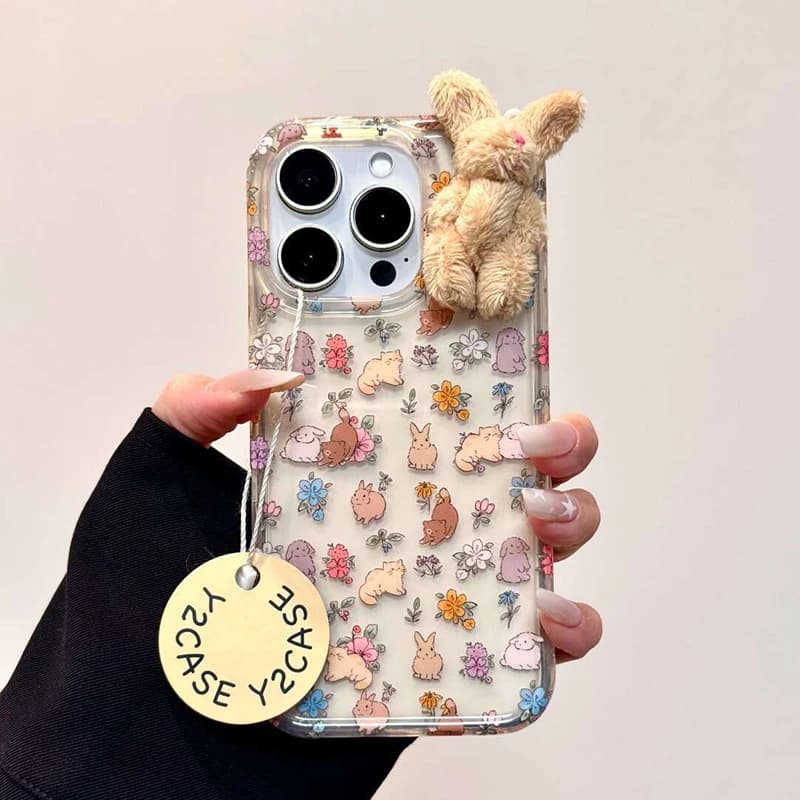 Custodia Morbida Trasparente per iPhone 17 16 15 14 13 12 11 Pro Max 13 12 17 Air con Simpatico Coniglio 3D in Peluche