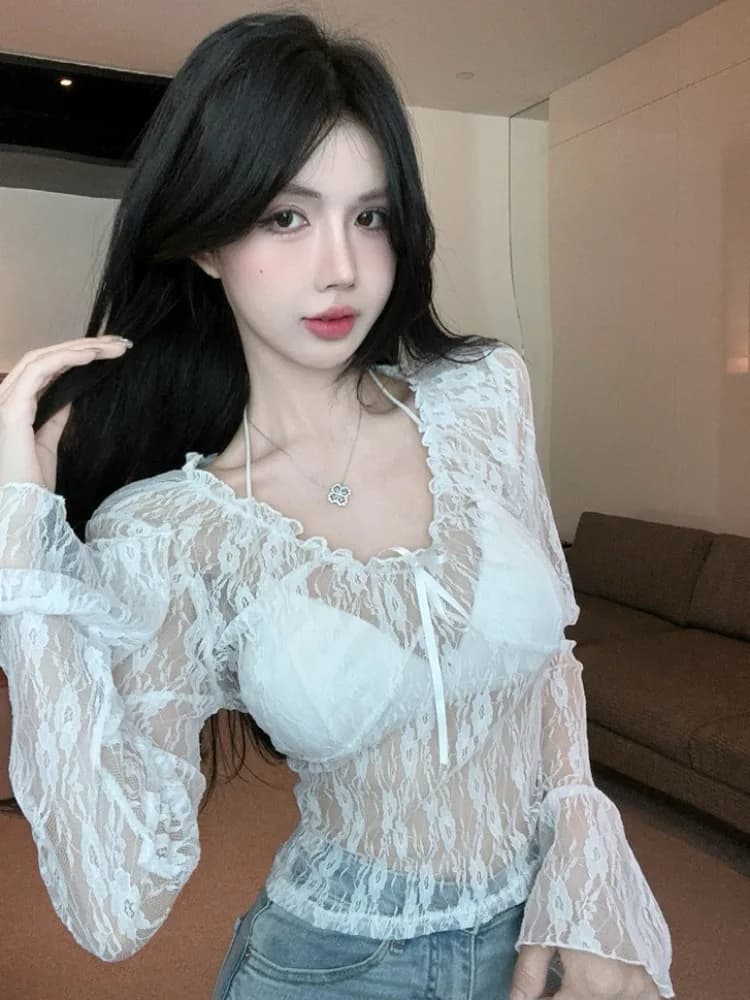 Sexy Lace See-through Long Sleeve Pleated V-neck Base Shirt Slimming Bell Sleeve Design Women's Top Breathable Comfortable Kn...