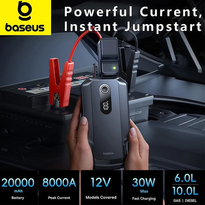 Baseus Avviatore di Emergenza per Auto 20000mAh, Power Bank 8000A 12V, Dispositivo Portatile per Avviamento Batteria Auto