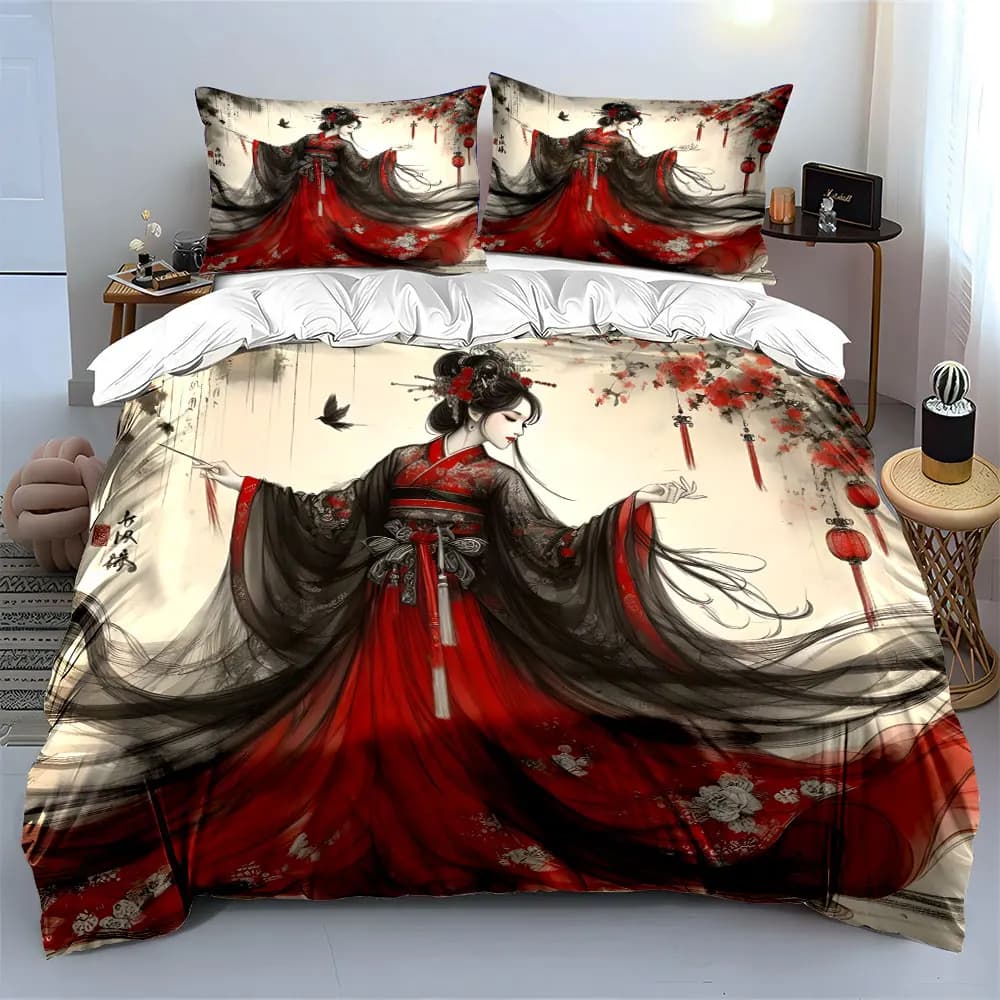 Set di Biancheria da Letto con Decorazioni Artistiche Asiatiche Tradizionali, Include 1 Copripiumino e 2 Federe, Disponibile in Misure Singola, Doppia, King e Queen, Idea Regalo