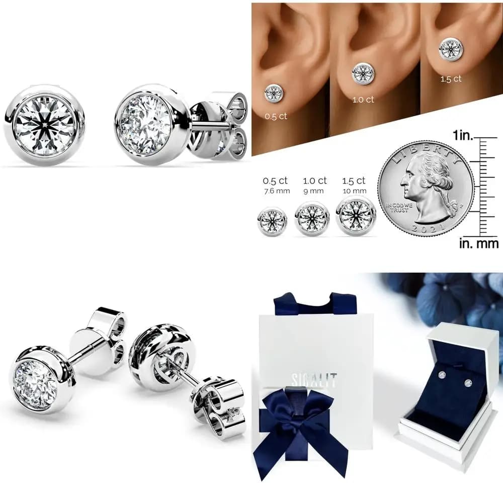 Orecchini a bottone con diamanti Moissanite in argento sterling con castone - Regalo da donna per moglie, fidanzata, mamma o figlia