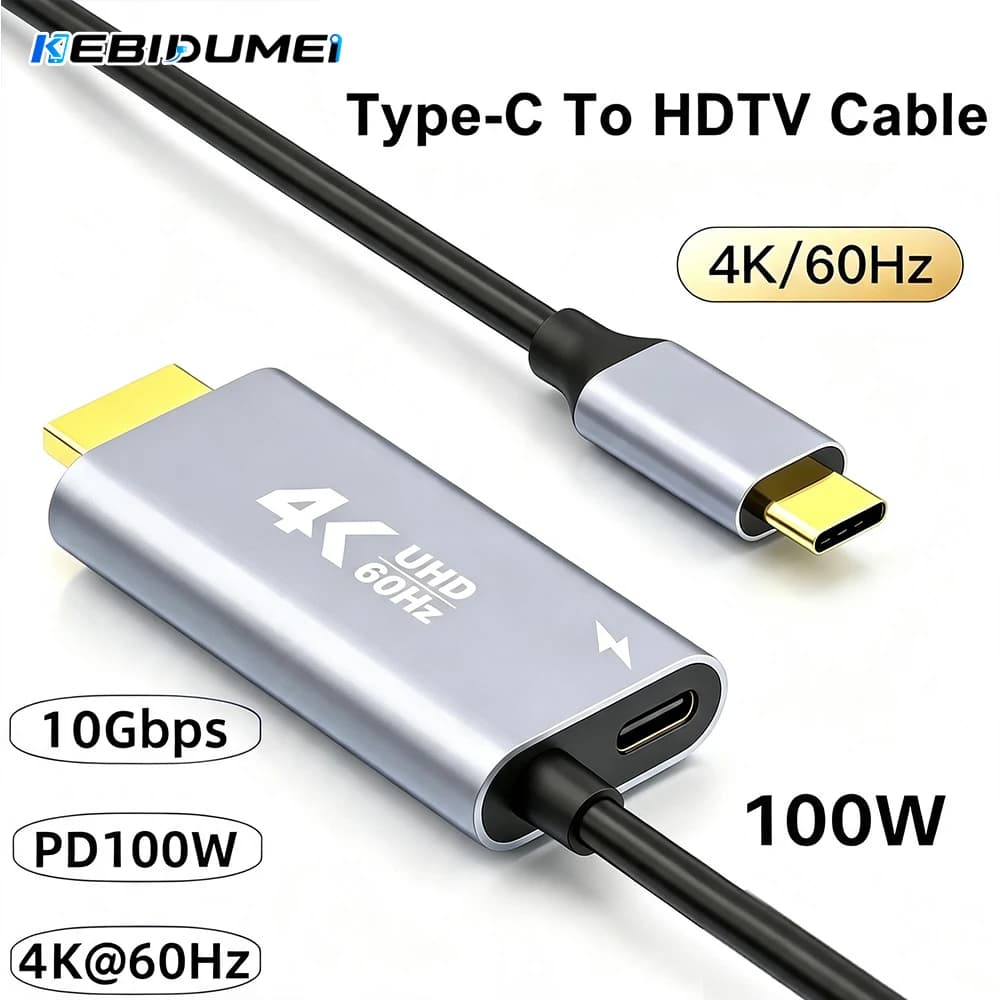 KEBIDUMEI Type C to HDMI-compatible Cable USB C to HDMI Converter 4K 60Hz/30Hz USB HDTV Cable Adapter PD 65W Charger for PC TV