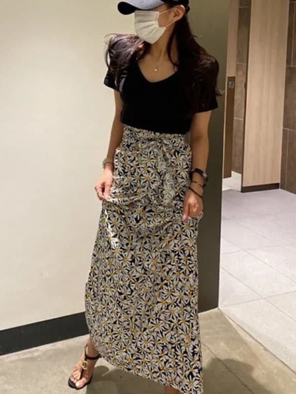 Floral Print Asymmetrical Hem Halter Neck Skirt Gathered Waist Side Slit Korean Style Women's Spring Summer Autumn Skirt