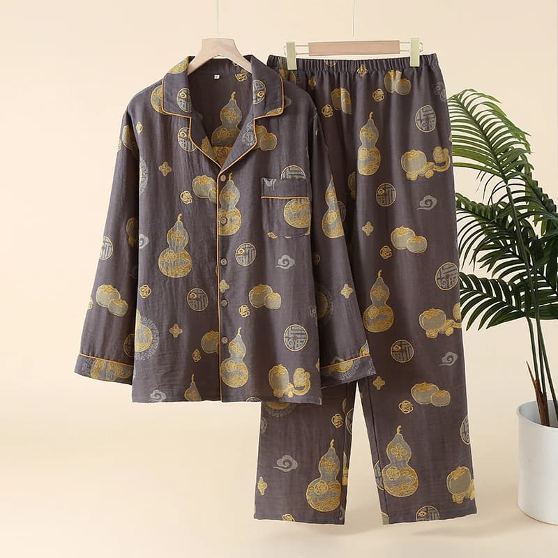 Unisex Chinese Style Jacquard Pajama Set 100% Cotton Gauze Oriental Loungewear Auspicious Gourd Pattern Tang Suit Style for Men