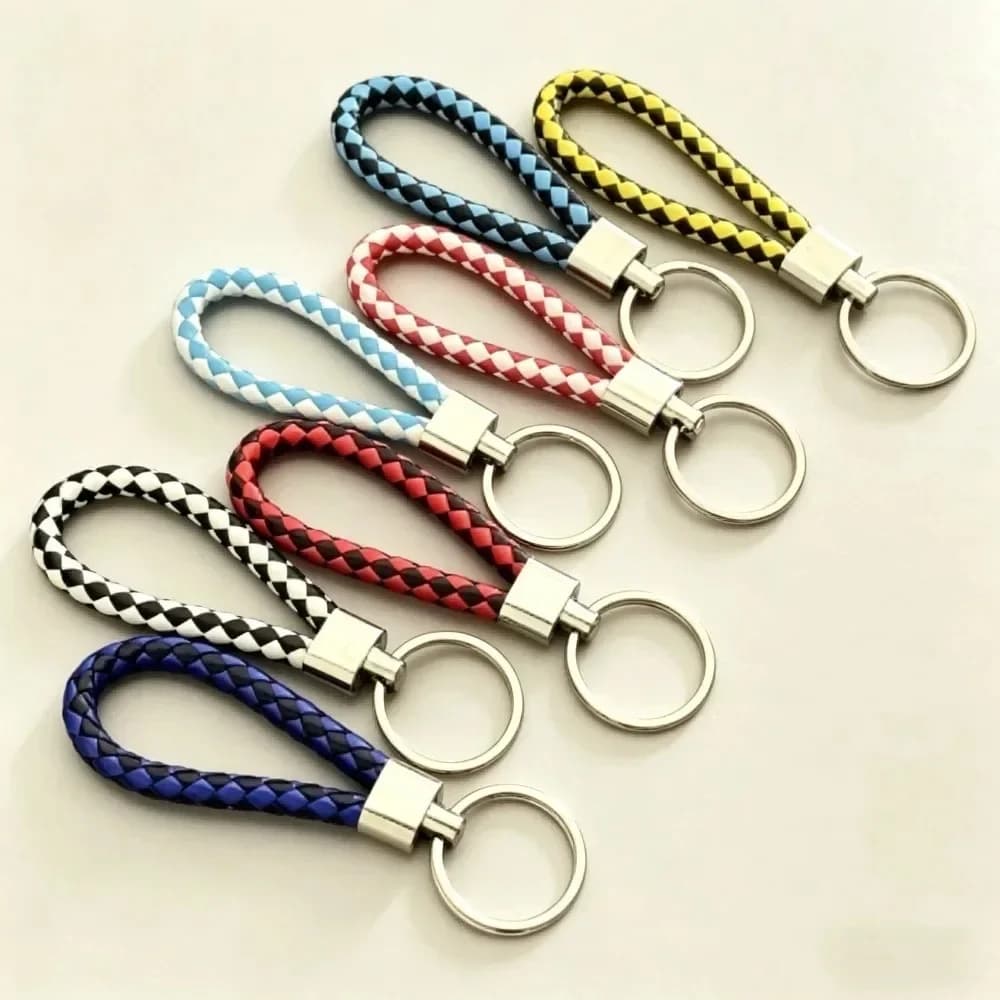 Woven Leather Anti-Lost Keychain for Car and Phone, Custom Laser Engrave Metal Keyring, Circle Bag Accessory Gift for Man Lady Colorful