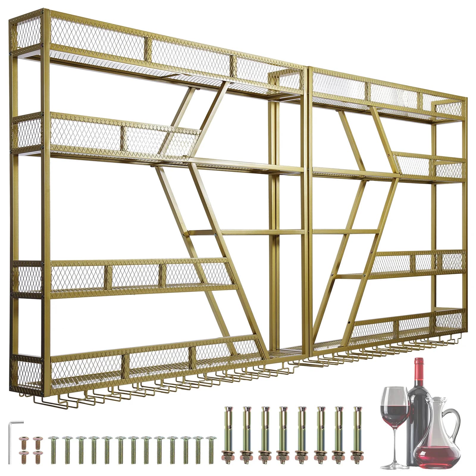 Scaffale Espositivo per Bottiglie di Vino in Metallo con Portabicchieri, Portabottiglie da Parete per Casa, Sala da Pranzo, Cucina
