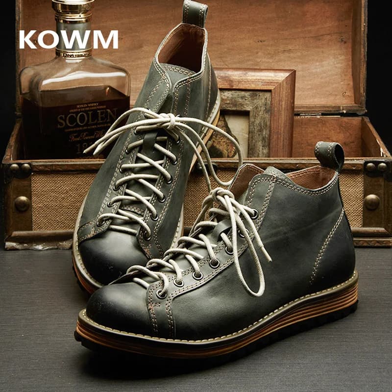 KOWM Scarpe da trekking stivali da passeggio da uomo Stivali da moto alti in pelle bovina con suola spessa britannica sneakers alla caviglia scarpe da trekking casual