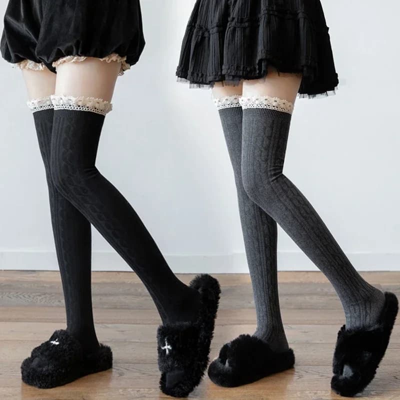 Calze sexy da donna, calze calde lunghe sopra il ginocchio, calze lunghe in cotone con lacci, calze lunghe fino alla coscia