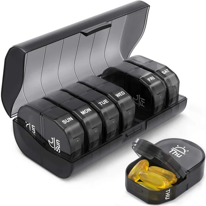 Portable case for pills and vitamins, tablet for 7 days, 2 times, 14 grills, travel with large compartment for medicinal fish oils
