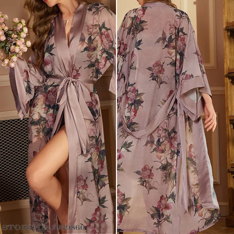 Stampa Fiore Donna Indumenti da notte Lungo Abito da mattina Abito Primavera Nuovo Homewear Pigiama Sciolto Raso di seta Kimono Accappatoio Abito Yukata